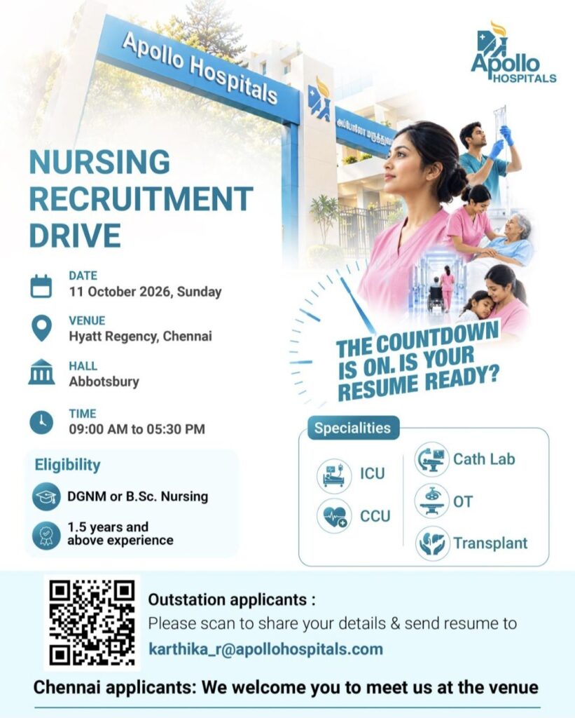 Apollo Hospitals Nursing Recruitment Drive – Chennai