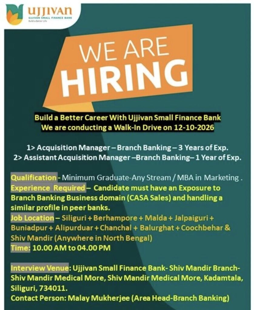 Ujjivan Small Finance Bank Recruitment: Walk-In Interview for Branch Banking Jobs