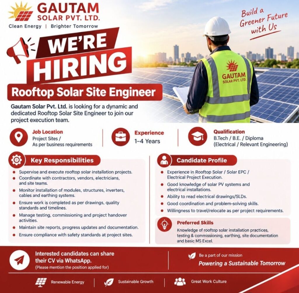 Gautam Solar Pvt. Ltd. Recruitment: Rooftop Solar Site Engineer Vacancy