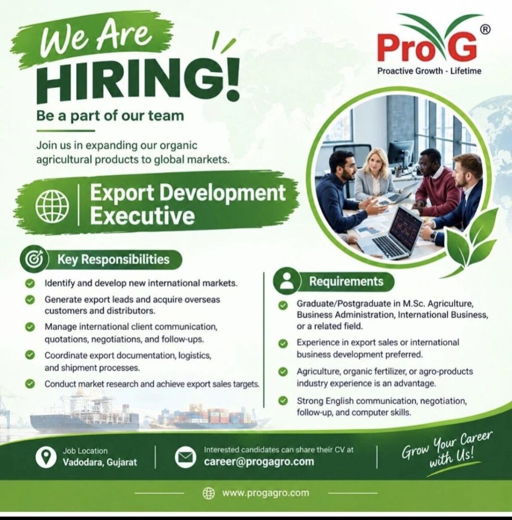 ProAgro Recruitment: Export Development Executive Vacancy in Vadodara, Gujarat