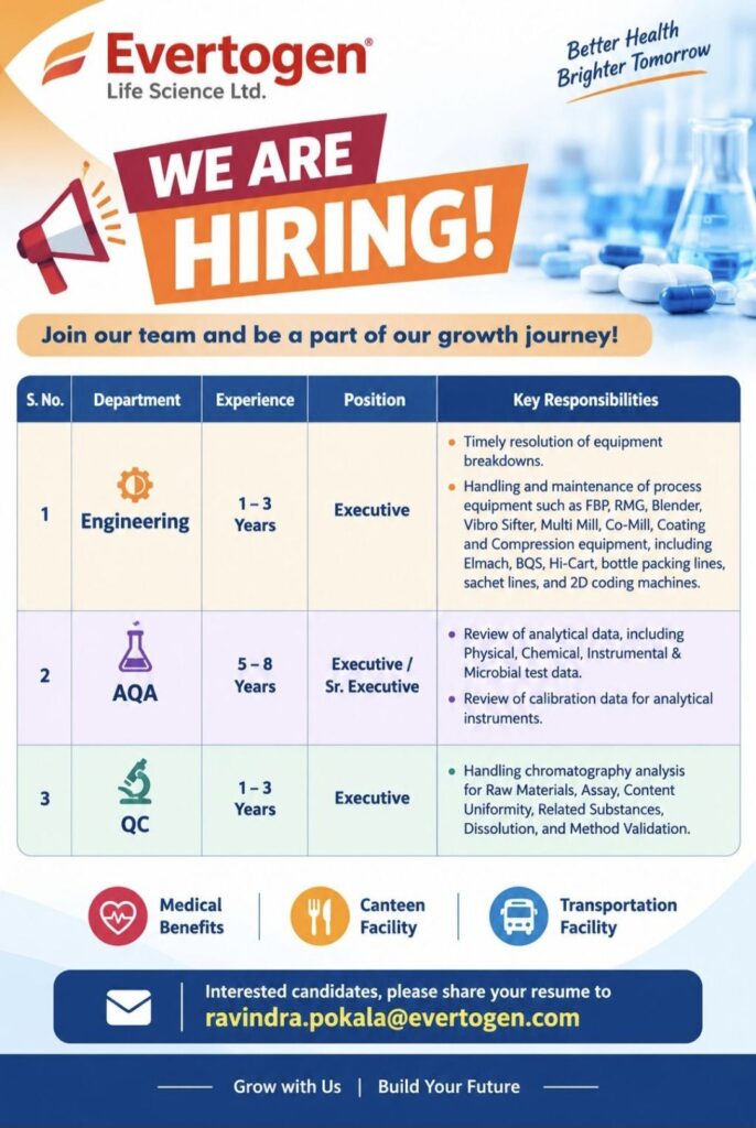 Evertogen Life Science Ltd. Recruitment– Engineering, AQA and QC Vacancies