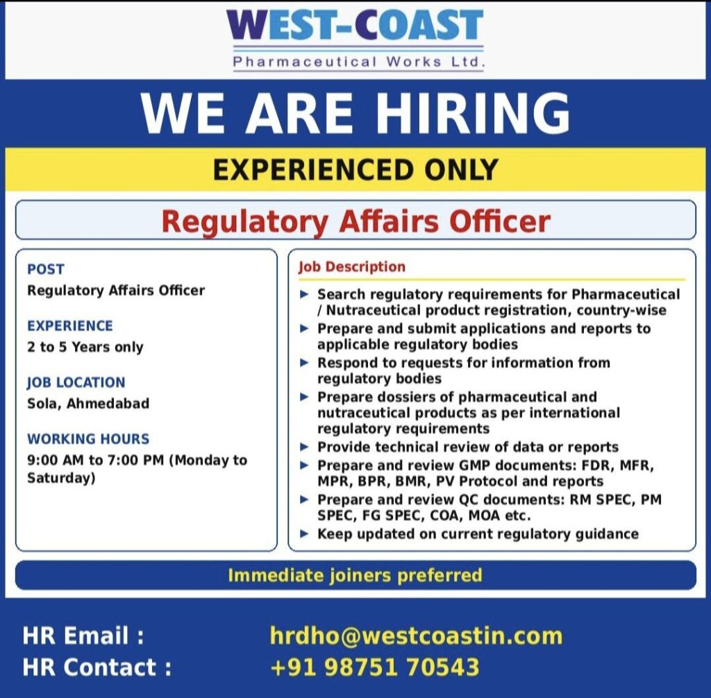 West-Coast Pharmaceutical Works Ltd. Recruitment: Regulatory Affairs Officer