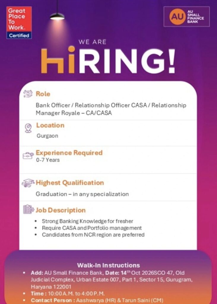 AU Small Finance Bank Recruitment– Walk-In Interview