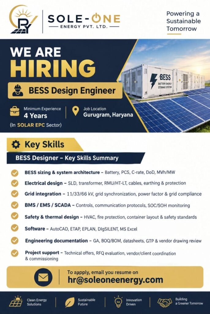 Sole-One Energy Pvt. Ltd. Recruitment: BESS Design Engineer Job 