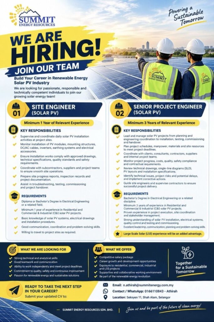 Summit Energy Resources Hiring 2026 in Malaysia | Solar PV Site Engineer & Senior Project Engineer Jobs