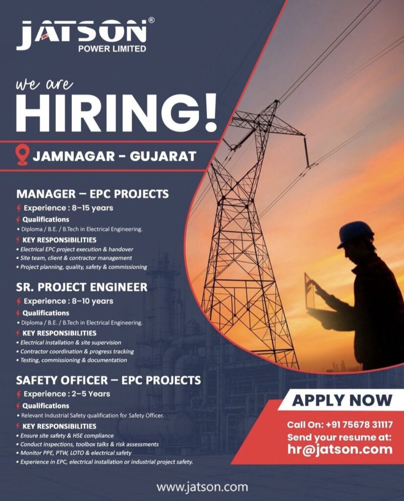 Jatson Power Limited Recruitment: Multiple Job Vacancies in Jamnagar, Gujarat