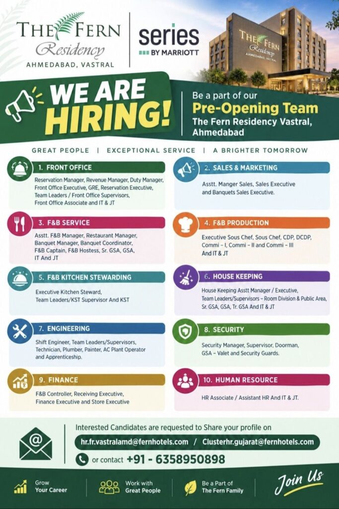 The Fern Residency Vastral, Ahmedabad Recruitment: Multiple Job Vacancies for Pre-Opening Team