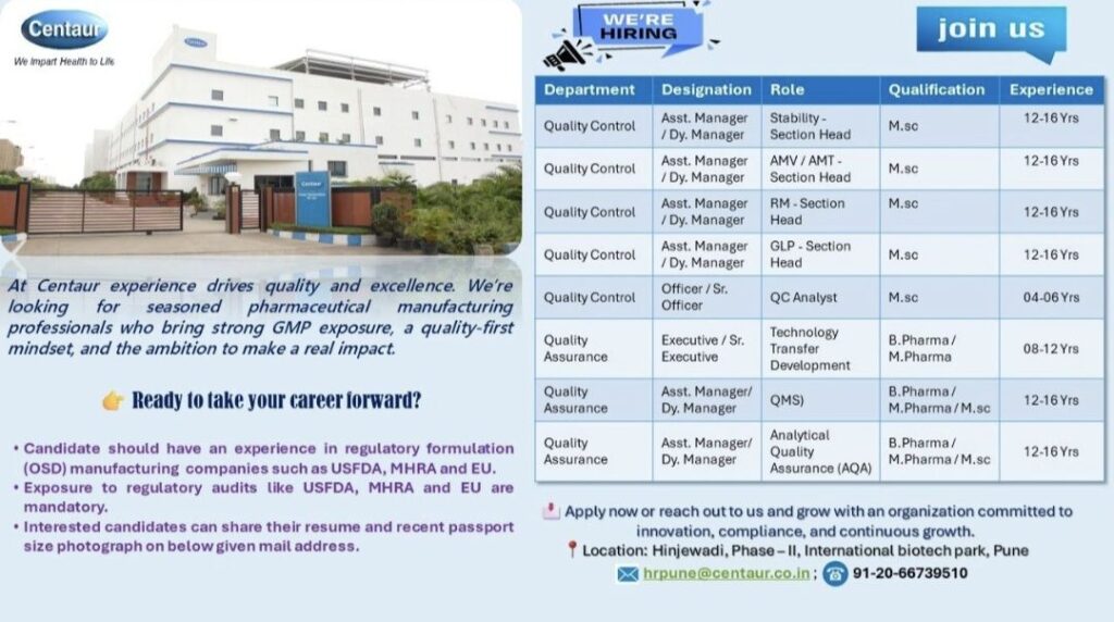 Centaur Pharmaceuticals Recruitment: Quality Control and Quality Assurance Jobs in Pune