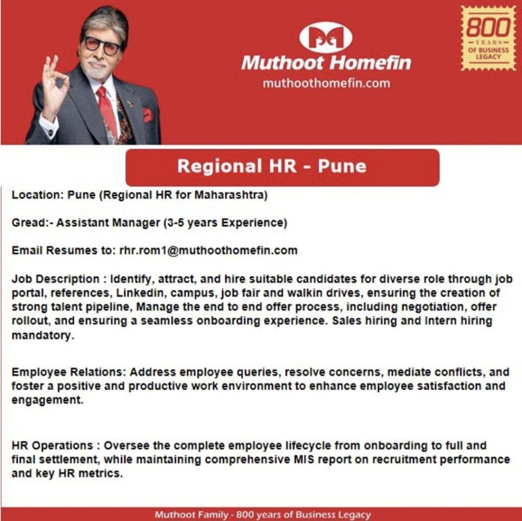 Muthoot Homefin Recruitme– Assistant Manager, Regional HR Jobs in Pune