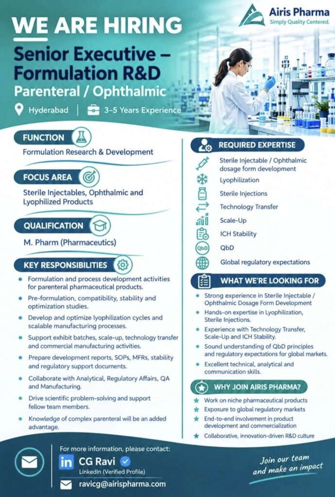 Airis Pharma Recruitment: Senior Executive – Formulation R&D (Parenteral/Ophthalmic) in Hyderabad