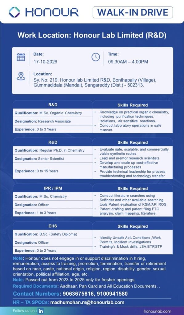 Honour Lab Limited Walk-In Drive: R&D, IPM and EHS Job Vacancies