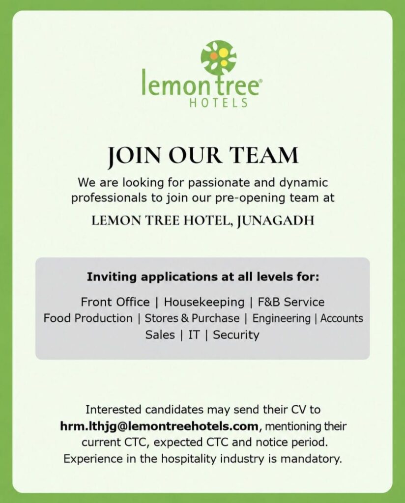 Lemon Tree Hotel Junagadh Recruitment– Multiple Departments Hiring for Pre-Opening Team