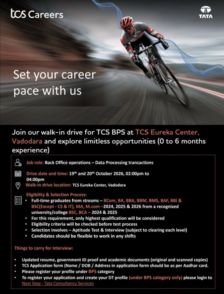 TCS BPS Walk-In Drive in Vadodara for Freshers | Back Office Operations Jobs