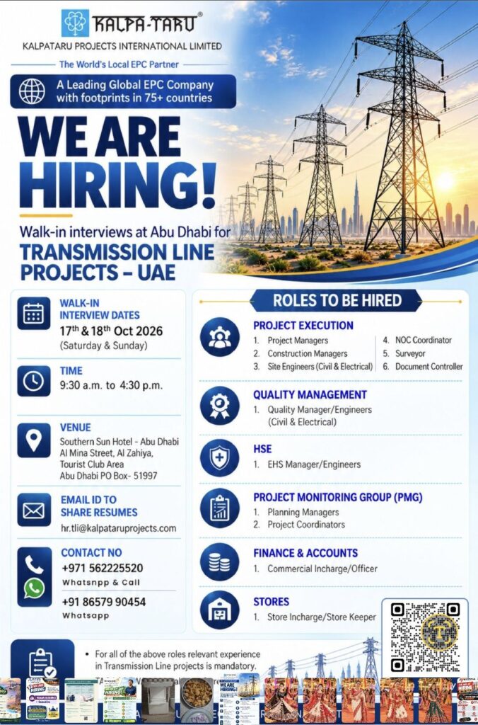 Kalpataru Projects International Limited Recruitment: Walk-In Interviews for UAE Transmission Line Projects