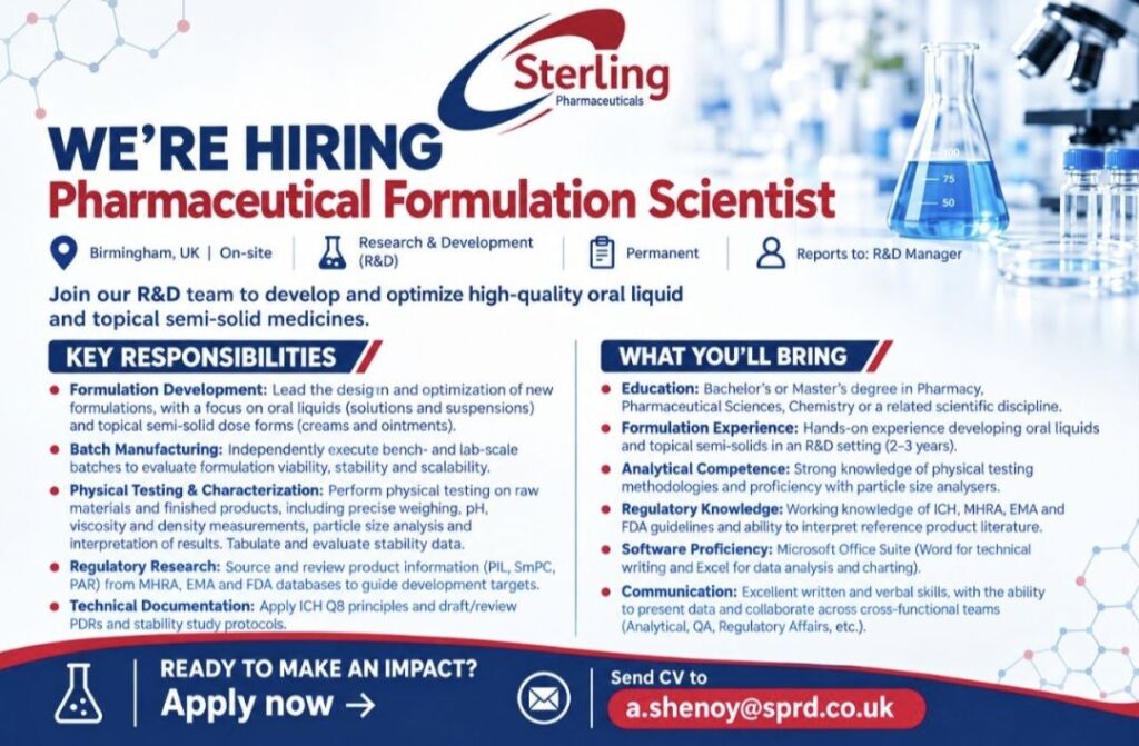 Sterling Pharmaceuticals Hiring: Pharmaceutical Formulation Scientist Job in Birmingham, UK