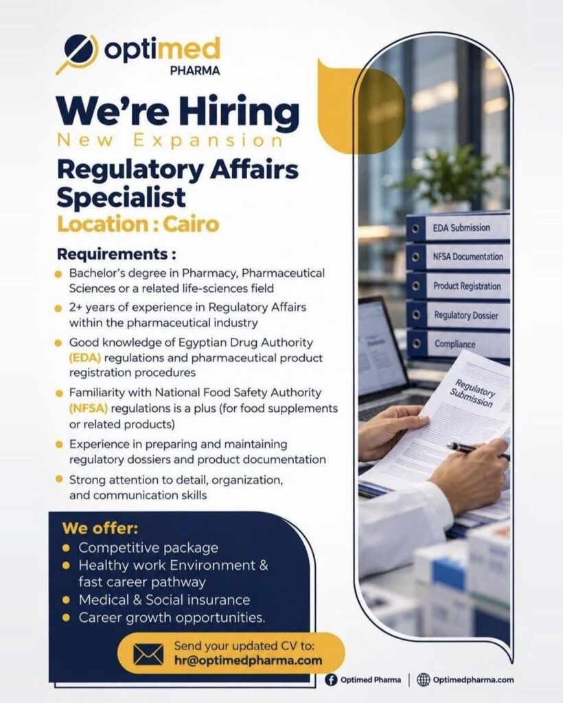 Optimed Pharma Recruitment 2026: Regulatory Affairs Specialist Job in Cairo, Egypt
