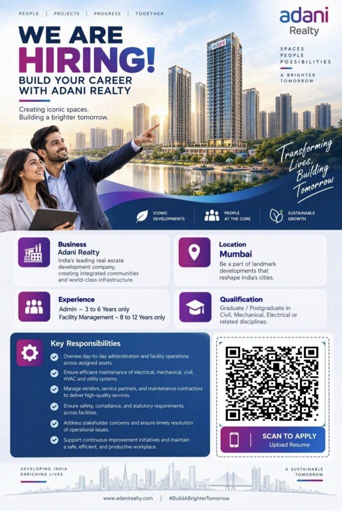 Adani Realty Recruitment: Admin and Facility Management Jobs in Mumbai