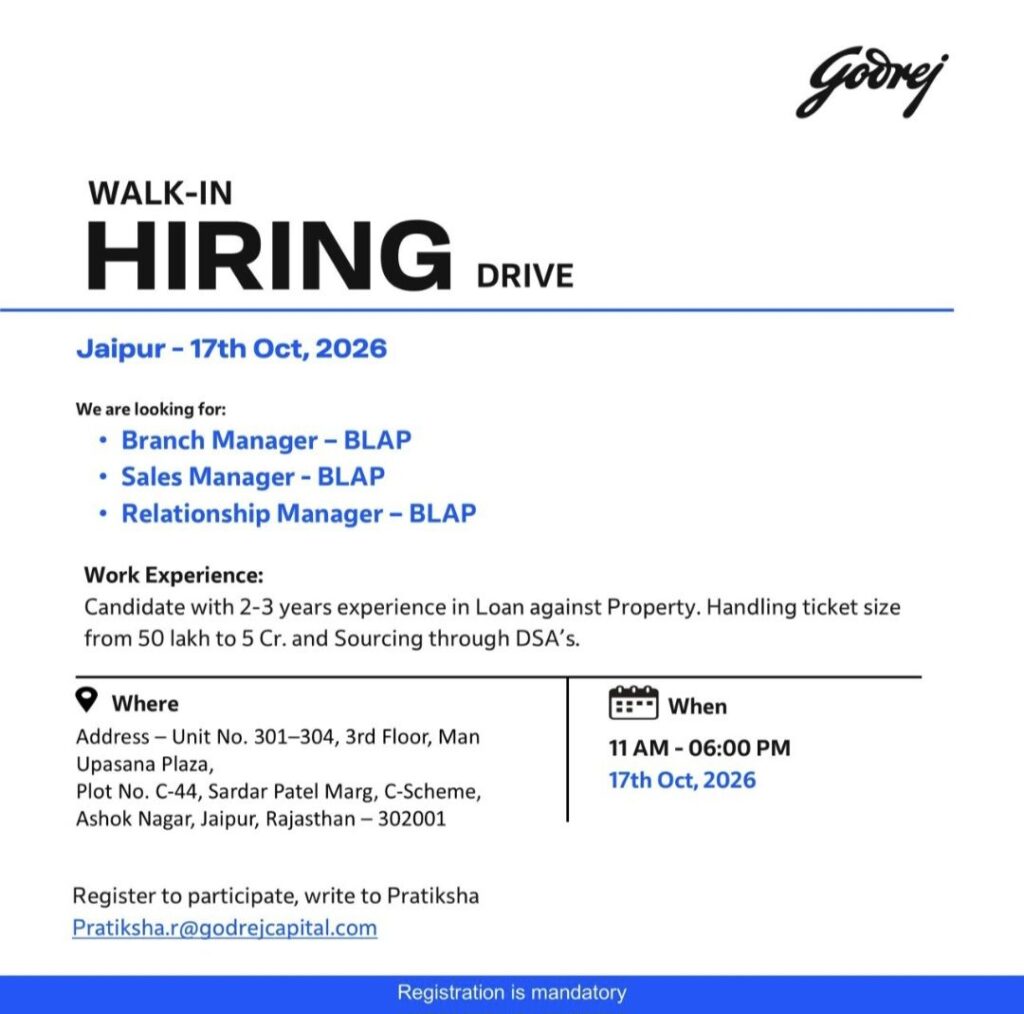 Godrej Capital Walk-In Interview: Branch Manager, Sales Manager & Relationship Manager Jobs in Jaipur