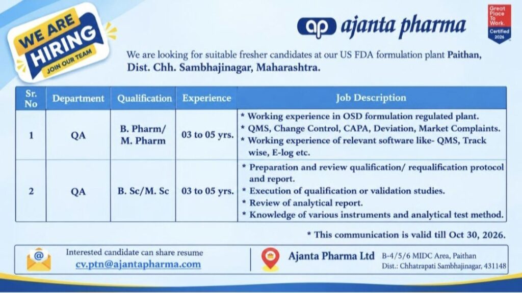 Ajanta Pharma Recruitment: QA Department Job Openings at Paithan, Maharashtra