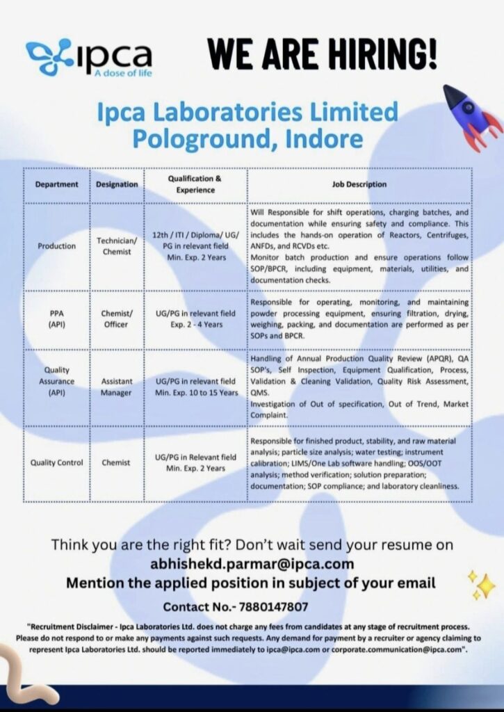 Ipca Laboratories Limited Recruitment– Multiple Job Vacancies in Indore, Madhya Pradesh