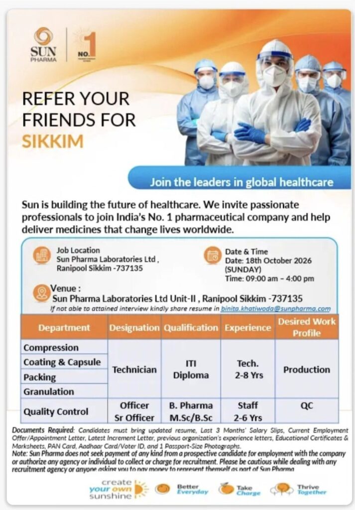 Sun Pharma Recruitment: Walk-In Interview in Sikkim for Production and Quality Control