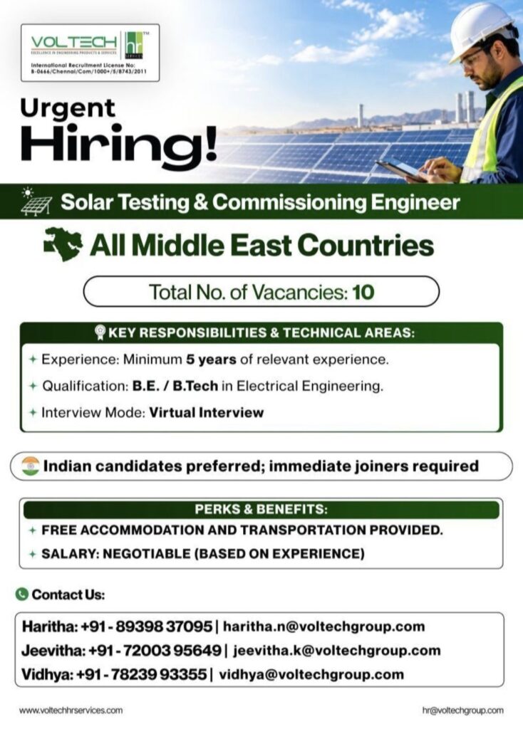 Voltech Group Urgent Hiring: Solar Testing & Commissioning Engineer Jobs in Middle East Countries