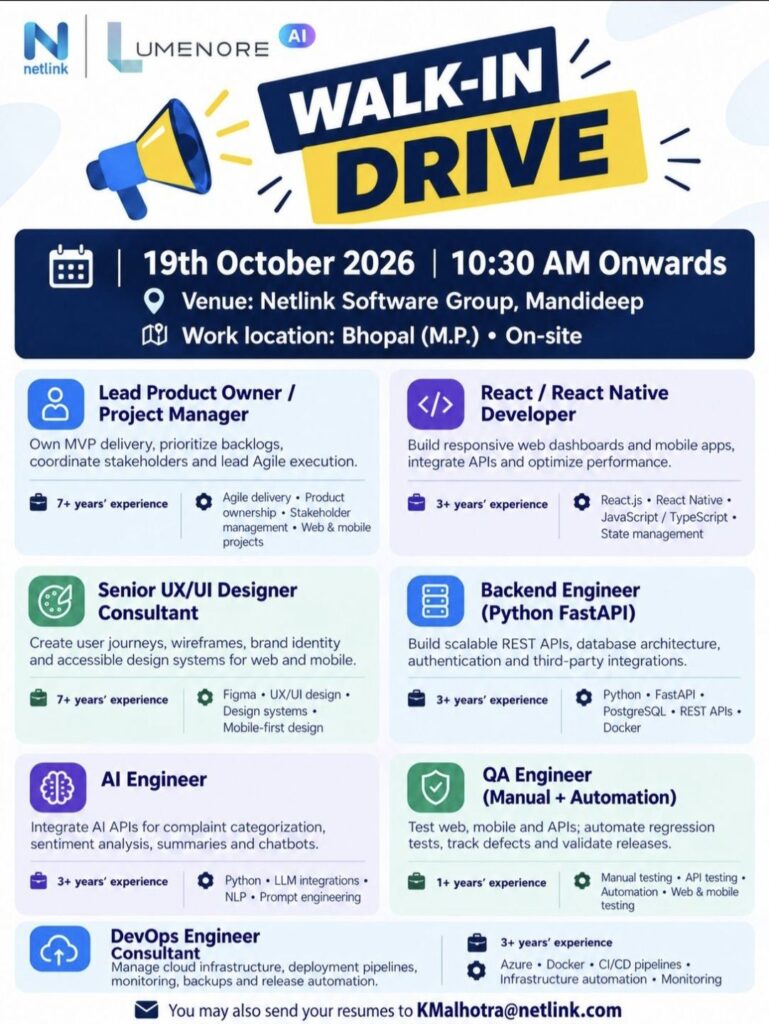 Netlink Software Group Walk-In Interview– Multiple IT Job Vacancies in Bhopal