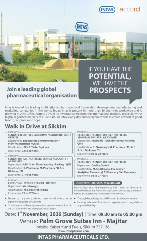 Intas Pharmaceuticals Walk-In Interview– Sikkim