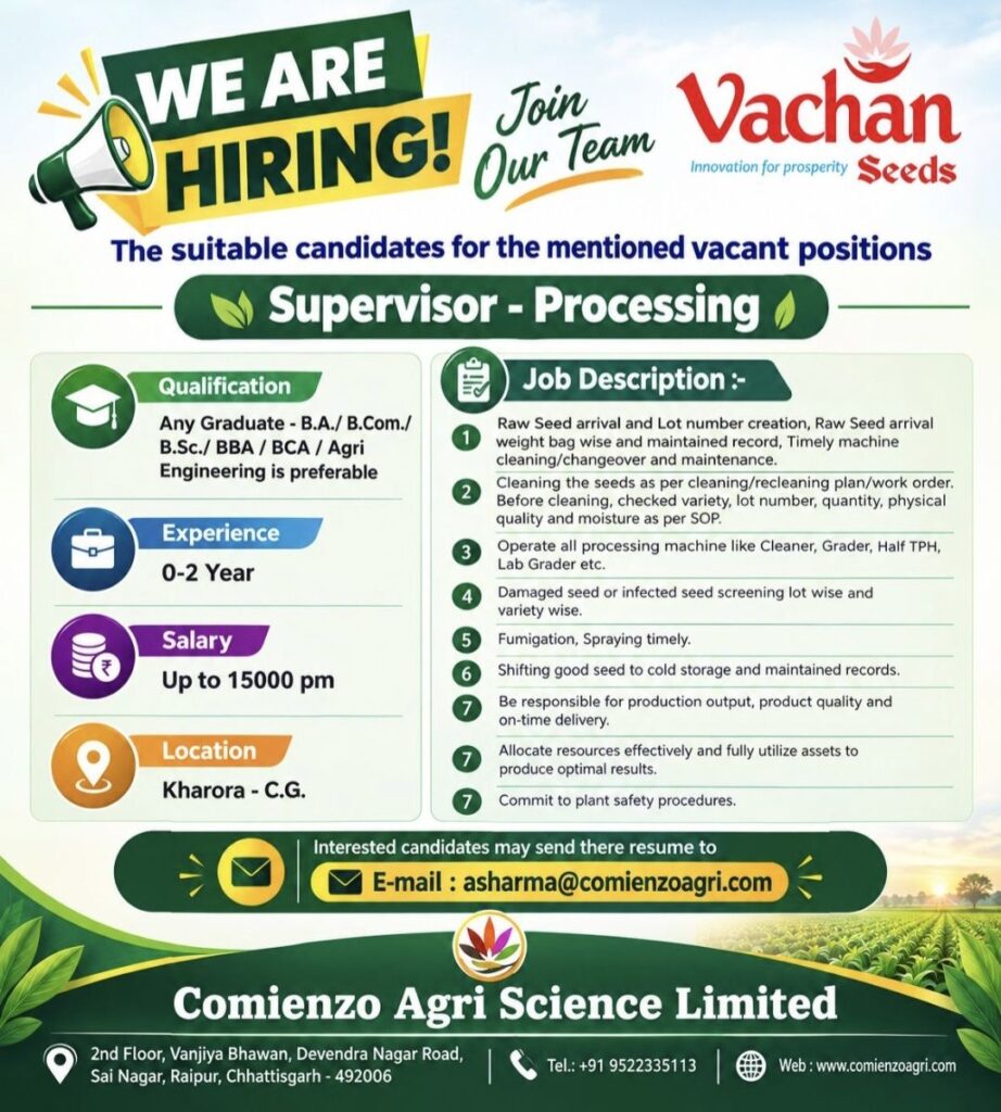 Comienzo Agri Science Limited Recruitment: Supervisor – Processing Job in Chhattisgarh