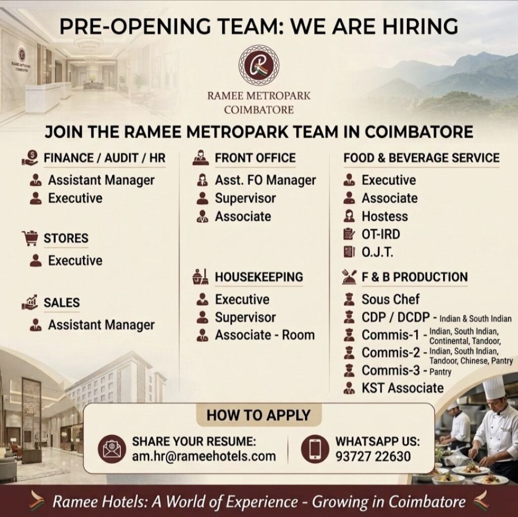 Ramee Metropark Coimbatore Recruitment: Multiple Job Vacancies