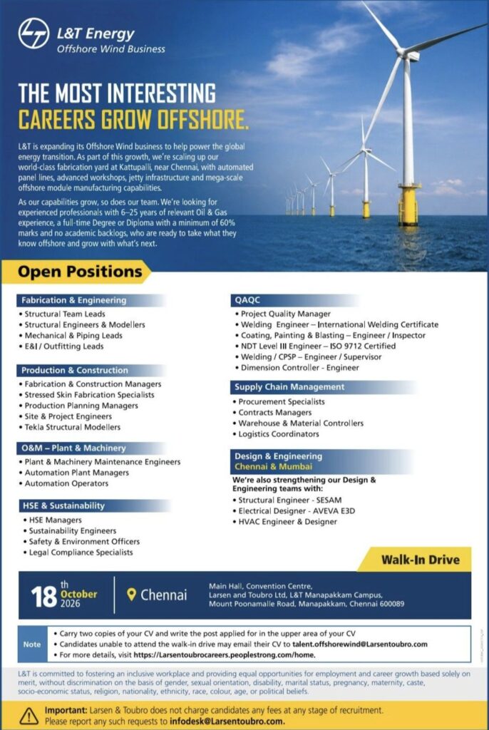 Larsen & Toubro (L&T) Recruitment 2026: Offshore Wind Energy Jobs – Walk-In Drive in Chennai