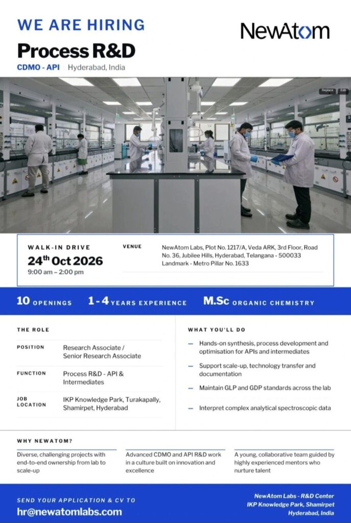 NewAtom Labs Recruitment: Process R&D Jobs for M.Sc. Organic Chemistry in Hyderabad