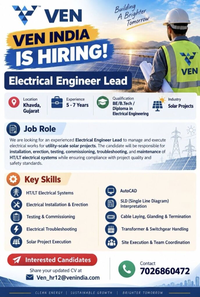 VEN India Recruitment: Electrical Engineer Lead Job in Khavda, Gujarat