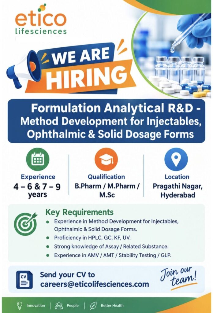 Etico Lifesciences Recruitment: Formulation Analytical R&D Jobs in Hyderabad