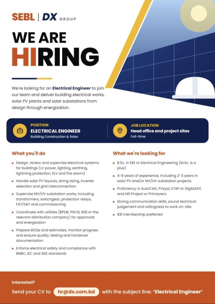 SEBL | DX Group Recruitment: Electrical Engineer Vacancy for Building Construction and Solar Projects