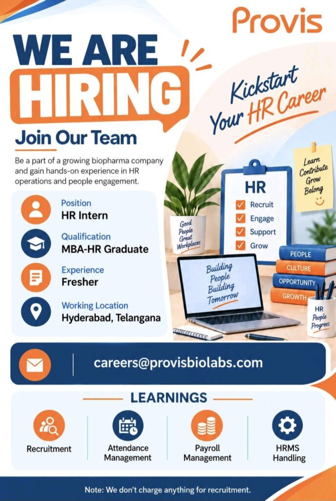 Provis Biolabs Recruitment: HR Intern Job Vacancy in Hyderabad