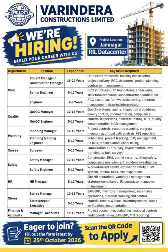 Varindera Constructions Limited Recruitment: Multiple Job Vacancies for RIL Datacenter Project in Jamnagar