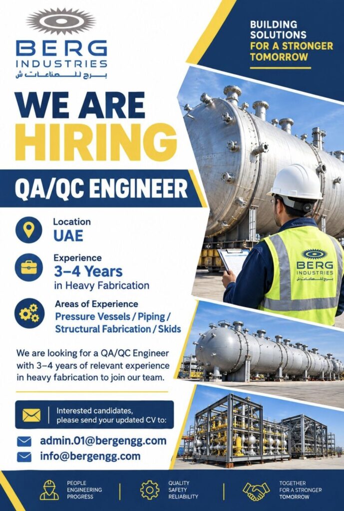 BERG Industries Recruitment: QA/QC Engineer Job Vacancy in UAE
