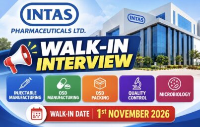 Intas Pharmaceuticals Walk-In Interview | Manufacturing, Packing, QC & Microbiology Jobs