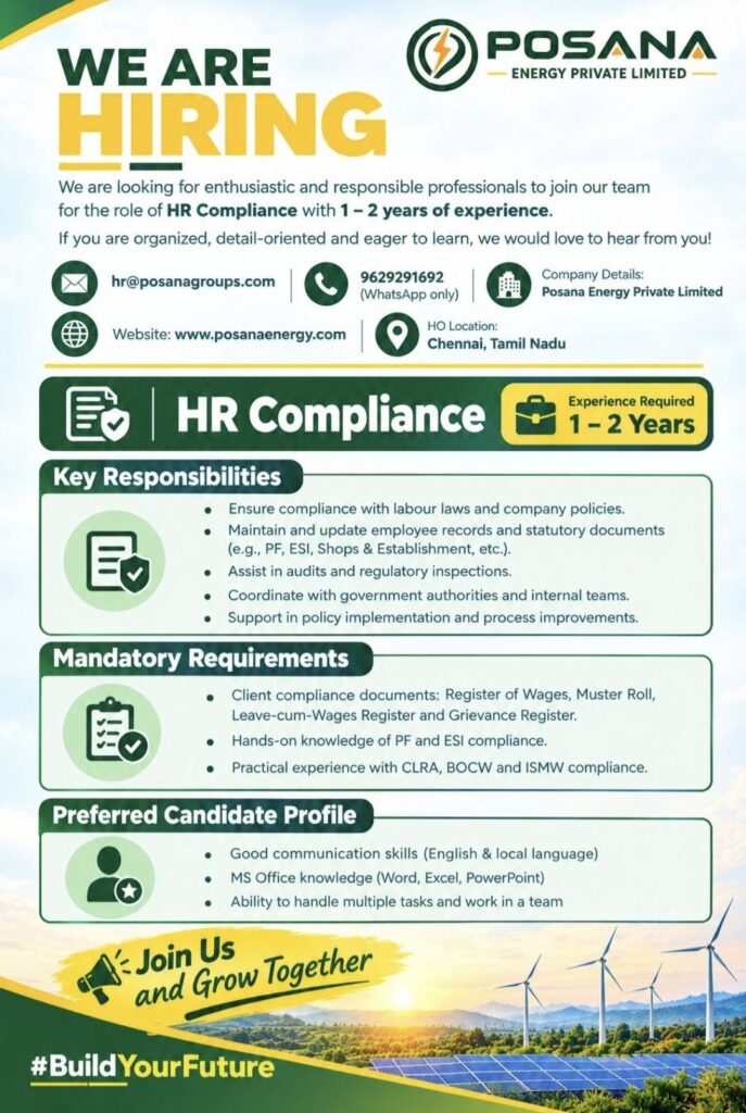 Posana Energy Private Limited Recruitment: HR Compliance Job