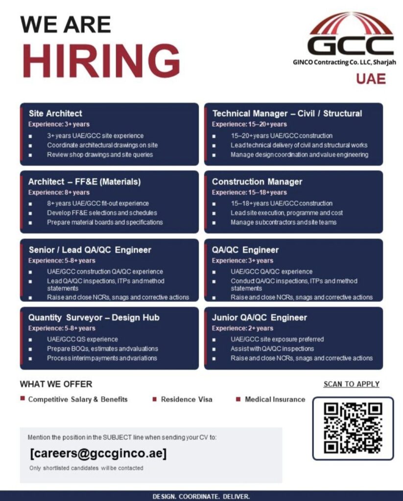 GCC Ginco Contracting Co. LLC Recruitment: Multiple Construction Jobs in UAE