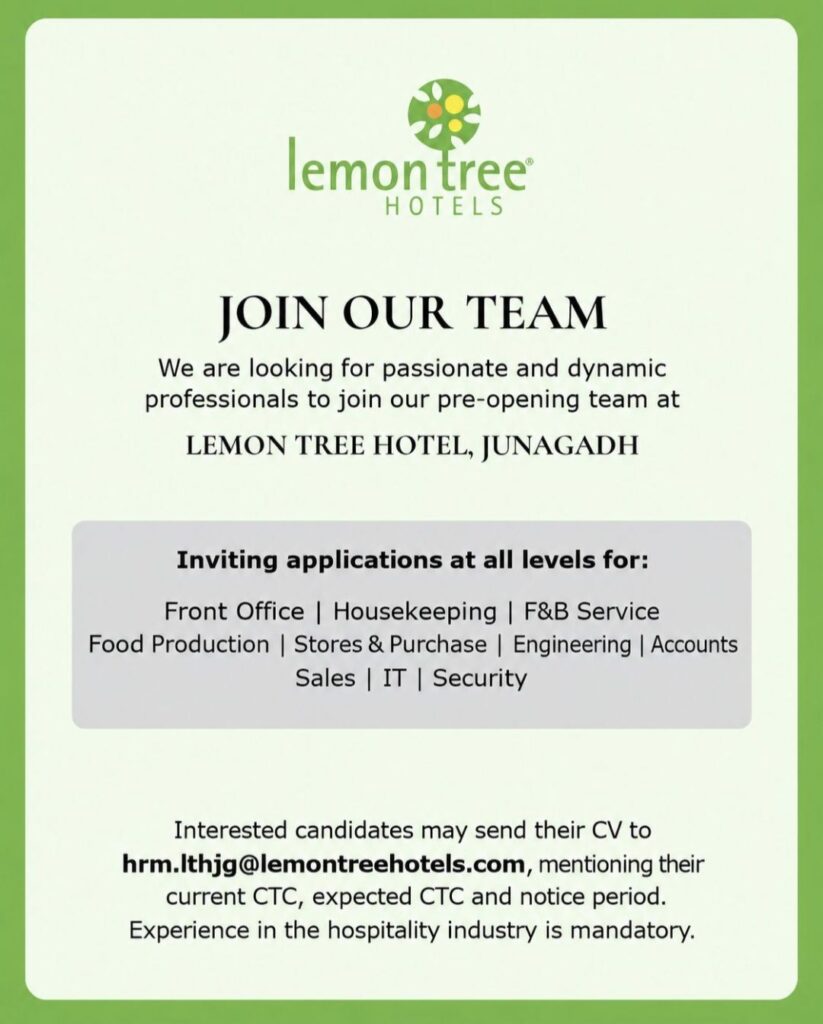 Lemon Tree Hotels Recruitment: Multiple Job Vacancies at Junagadh, Gujarat