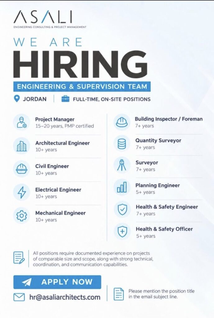 ASALI Architects Recruitment 2026: Engineering and Supervision Jobs in Jordan