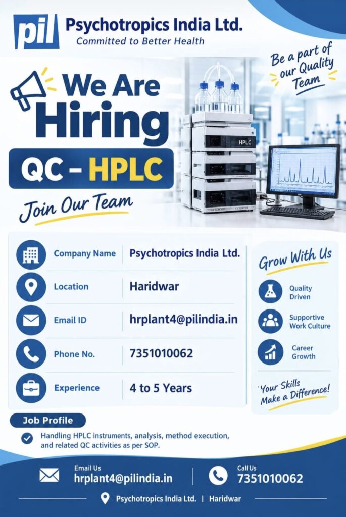 Psychotropics India Ltd. Recruitment: QC – HPLC Job Vacancy in Haridwar
