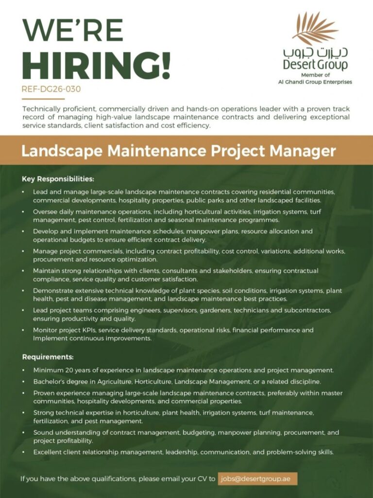 Desert Group Recruitment: Landscape Maintenance Project Manager Job Vacancy