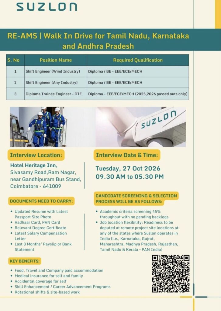 Suzlon Energy Recruitment 2026: Walk-In Drive for Shift Engineers and Diploma Trainee Engineers