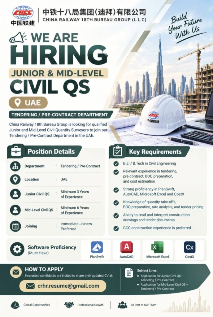 China Railway 18th Bureau Group UAE Recruitment: Junior & Mid-Level Civil Quantity Surveyor Jobs