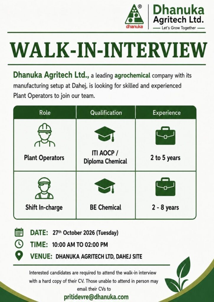 Dhanuka Agritech Ltd. Recruitment: Walk-In Interview for Plant Operators and Shift In-Charge