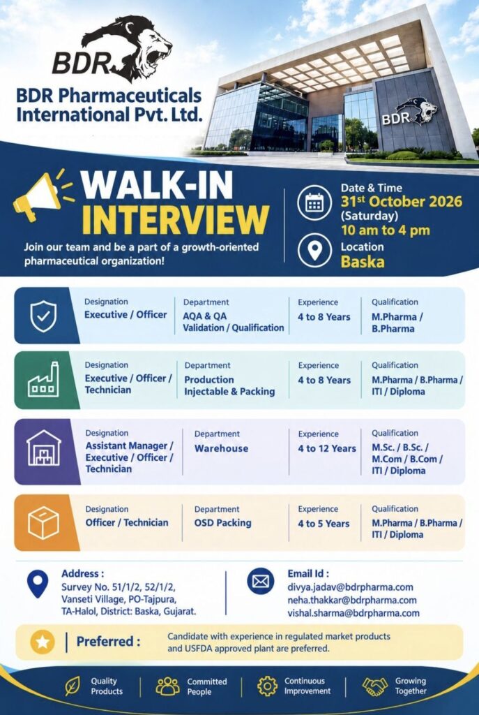 BDR Pharmaceuticals International Pvt. Ltd. Recruitment: Walk-In Interview for Multiple Departments