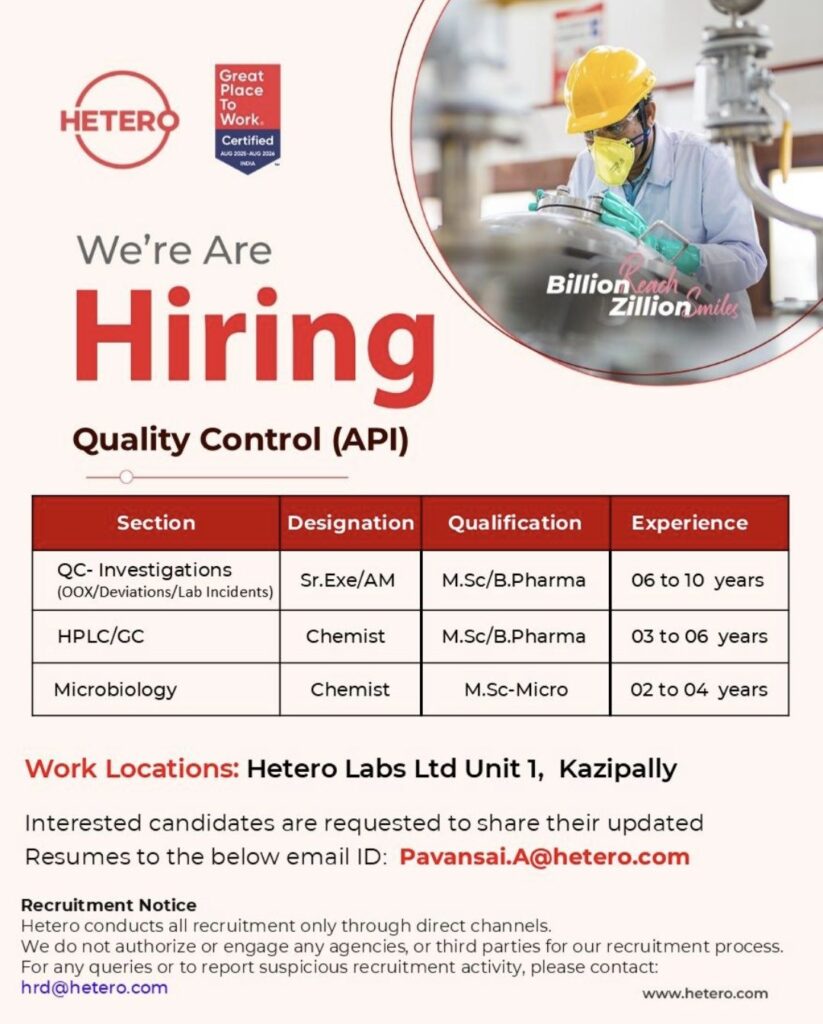 Hetero Labs Ltd Recruitment– Quality Control (API)